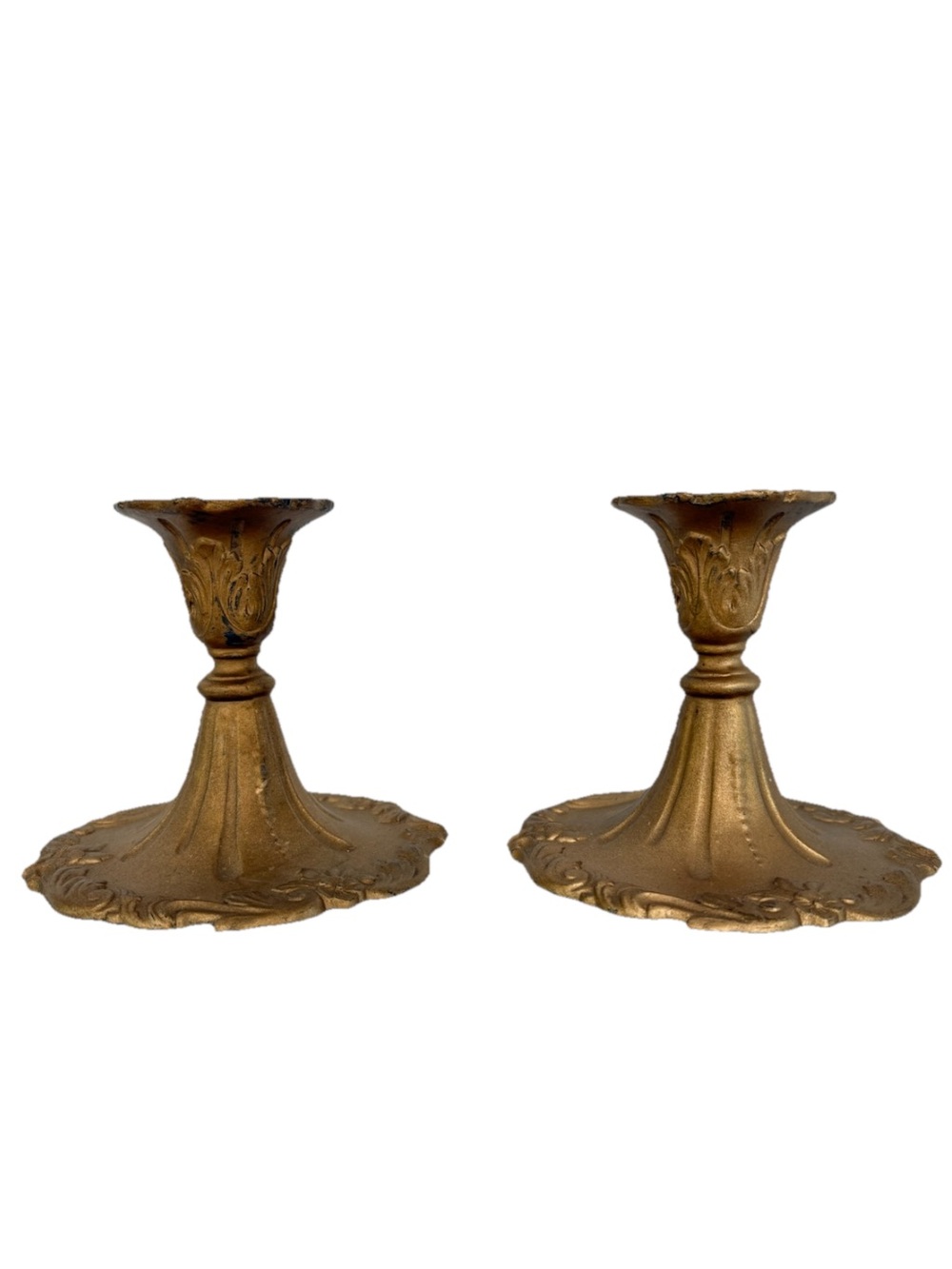 Gold Decorative Antimony Lead Metal Candlestick Pair Victorian Era Style